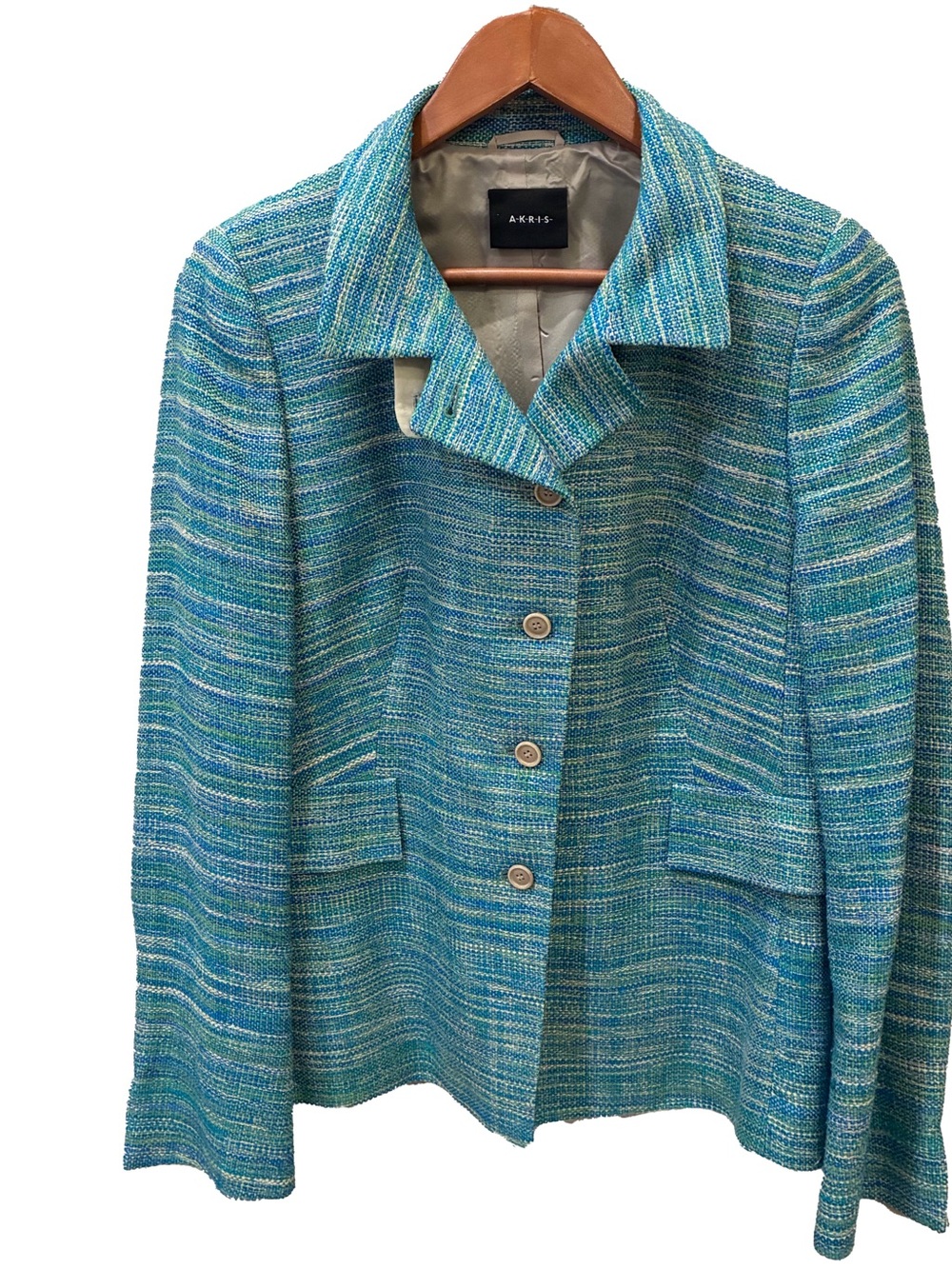 Akris 100% Silk Tweed Blazer Jacket Convertible Collar Size 10